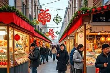 Festive Seoul Christmas market with food and decorations