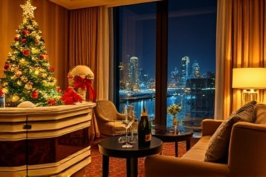 Romantic Christmas hotel room with city view