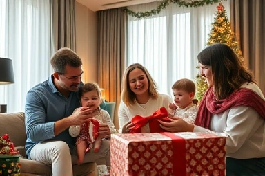 Family enjoying Christmas morning in hotel suite