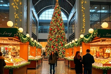 Cozy indoor Christmas market with a large tree and festive stalls.