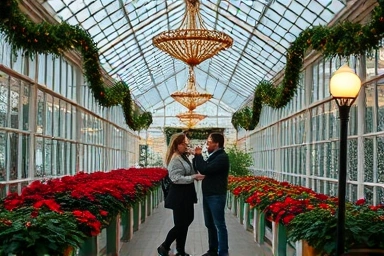 Couple enjoying Christmas decorations in a warm, festive greenhouse.