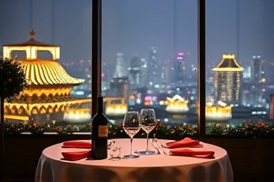 Romantic restaurant table setting with Seoul night view and Christmas decor.