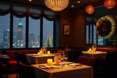 Romantic Christmas restaurant interior in Seoul, cozy atmosphere