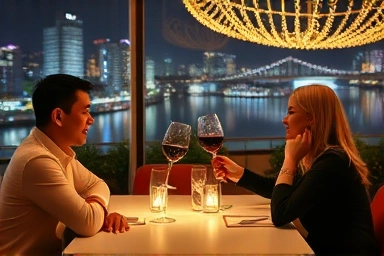 Couple toasting wine with Han River night view, Christmas