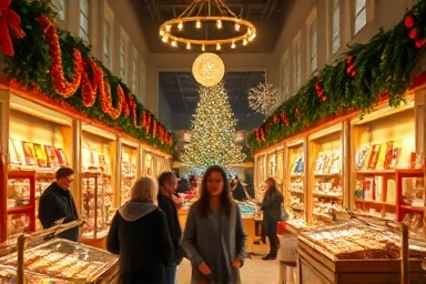 Cozy Christmas market inside a department store, festive gifts
