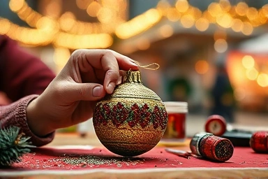 Hands crafting a personalized Christmas ornament.