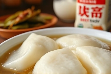 떡국의 쫄깃한 떡과 육수 베이스 재료들의 클로즈업