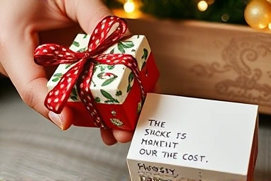 Hand-tying ribbon on a Christmas gift, emphasizing care.