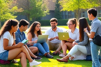 대학 신입생들이 캠퍼스에서 노트북과 함께 설레는 표정으로 모여있는 모습