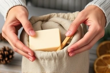 Hands packing natural Christmas gifts in reusable bag