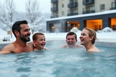 Family enjoying a budget-friendly hotel hot tub in winter.