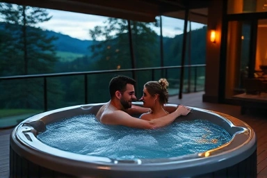 Couple relaxing in a private hotel hot tub.