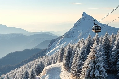 Majestic snow-covered mountain peak with frost flowers and cable car.