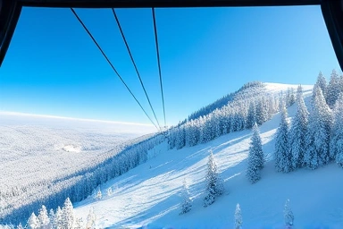 View from cable car: snow-covered mountainside, frost trees, clear blue sky.