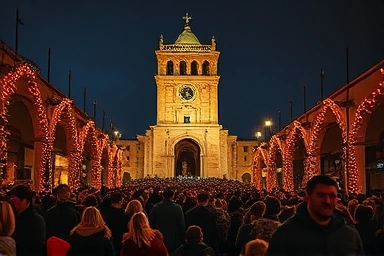 Crowd celebrating New Year's Eve at bell tower