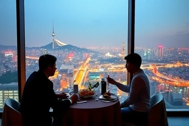Couple enjoying breakfast with Seoul skyline view.