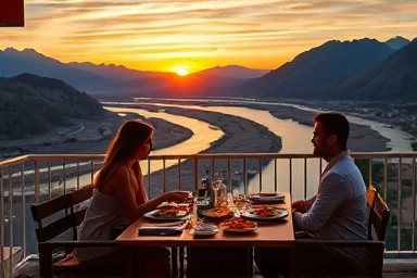 Couple enjoying private BBQ with Bukhangang River view at sunset.