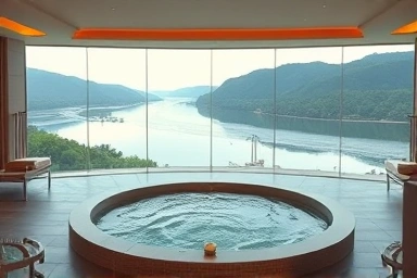 Luxury spa room with jacuzzi overlooking serene river landscape.