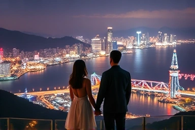 Couple enjoying romantic Busan night view with Christmas lights