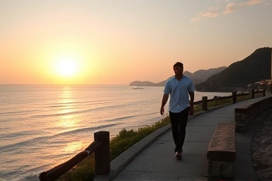 Couple walking on Busan coastal path at sunset