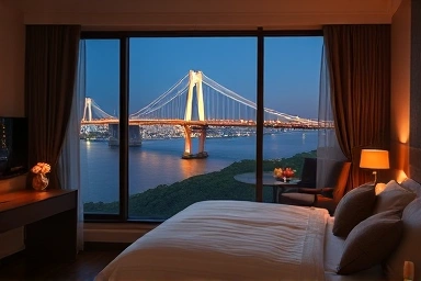 Romantic Busan hotel room with Gwangan Bridge night view
