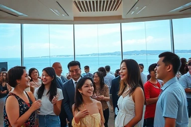 Joyful group celebrating in a Busan venue with ocean view