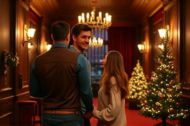 Couple at a cozy Christmas-decorated theater lobby