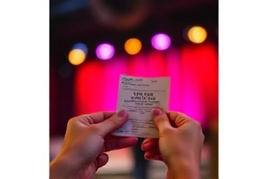 Hands holding theater tickets with stage lights background