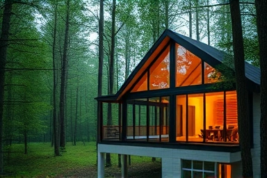 Cozy private pension in a forest, modern minimalist interior, serene atmosphere.