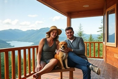 Couple and dog enjoying private deck view, natural landscape, joyful relaxation.