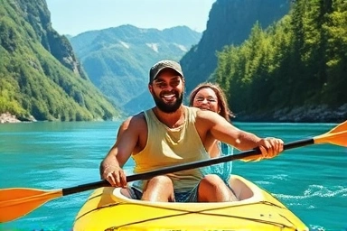 Couple kayaking on a scenic river, adventurous and joyful.