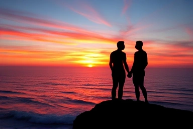 Couple watching sunset after surfing, romantic and accomplished.