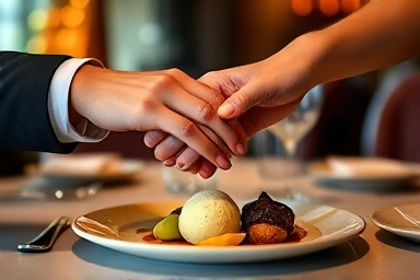 Hands touching over a romantic anniversary dessert in a private room.