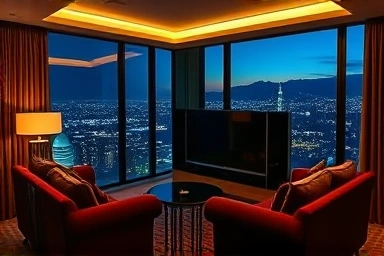 Luxury hotel suite with city view and Netflix setup