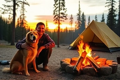 Dog and owner enjoying a campfire at a scenic campsite.
