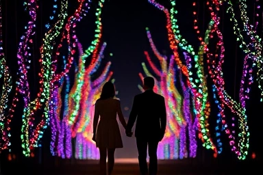 Couple enjoying magical light festival at night