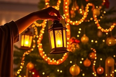 Romantic lantern placement on illuminated wish tree