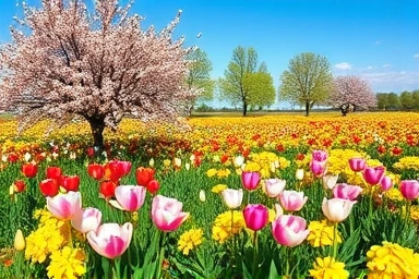 Vibrant field of diverse spring flowers in full bloom.