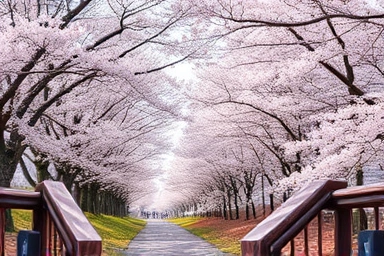 Serene cherry blossom forest path with filtered sunlight.