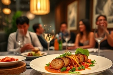 Artfully presented gourmet dish at a vibrant Gangnam dining spot.