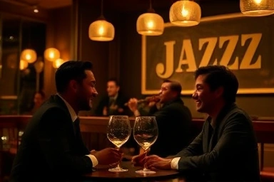 Romantic couple enjoying jazz music at a sophisticated Gangnam jazz bar.