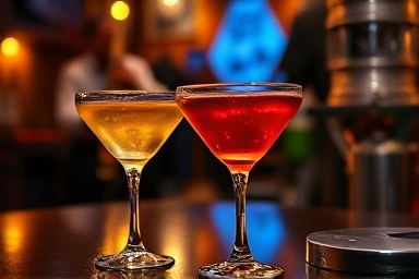 Elegant cocktails on a table in a dimly lit, luxurious jazz bar.