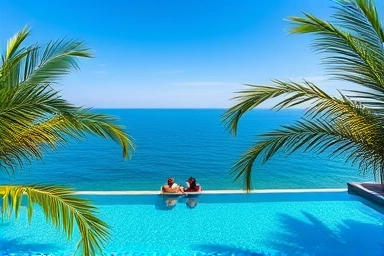 Panoramic view of a luxury infinity pool overlooking the ocean.
