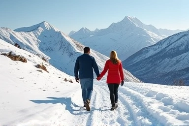 Couple enjoying a romantic winter hike in Gangwondo