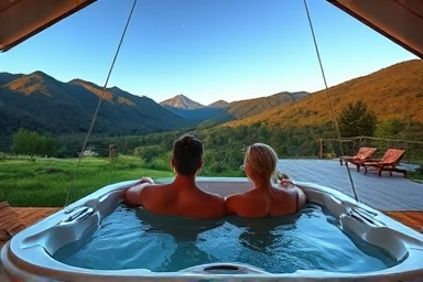 Couple enjoying private hot tub at luxury glamping site