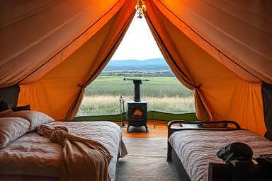 Cozy glamping tent interior with natural view and fireplace