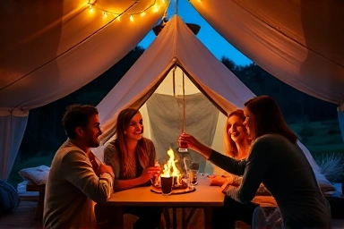 Friends celebrating at a stylish glamping party room