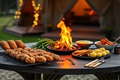 Barbecue feast at a private glamping site