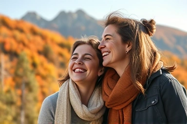 Couple enjoying autumn mountain view and laughing