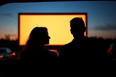 Couple enjoying a romantic movie night at a drive-in theater.